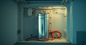 New cylindrical dual-run HVAC capacitor held in an open panel