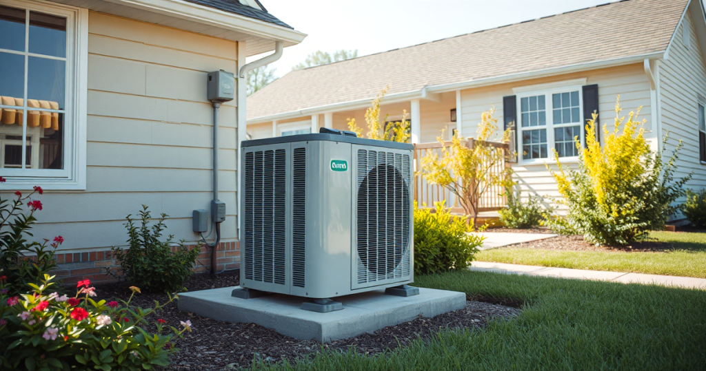 Clean outdoor AC condenser unit beside a modern home