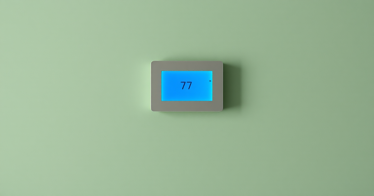 Modern wall thermostat set to cooling on a bare wall