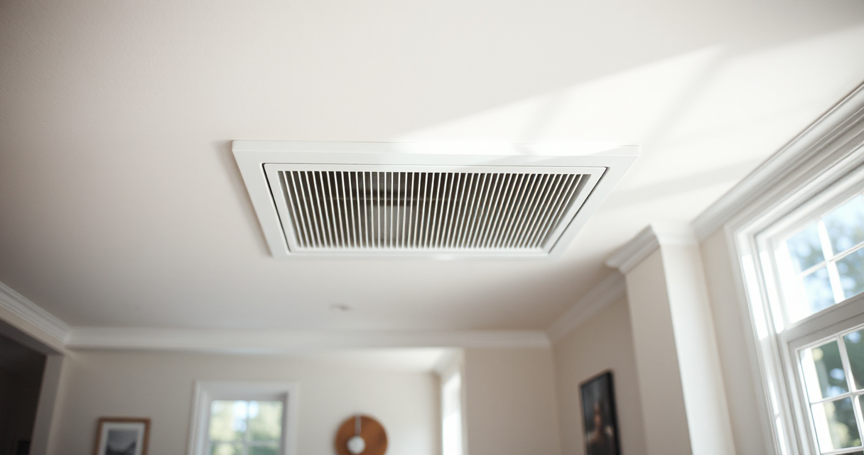 Cool air flowing from a ceiling supply vent in a bright room