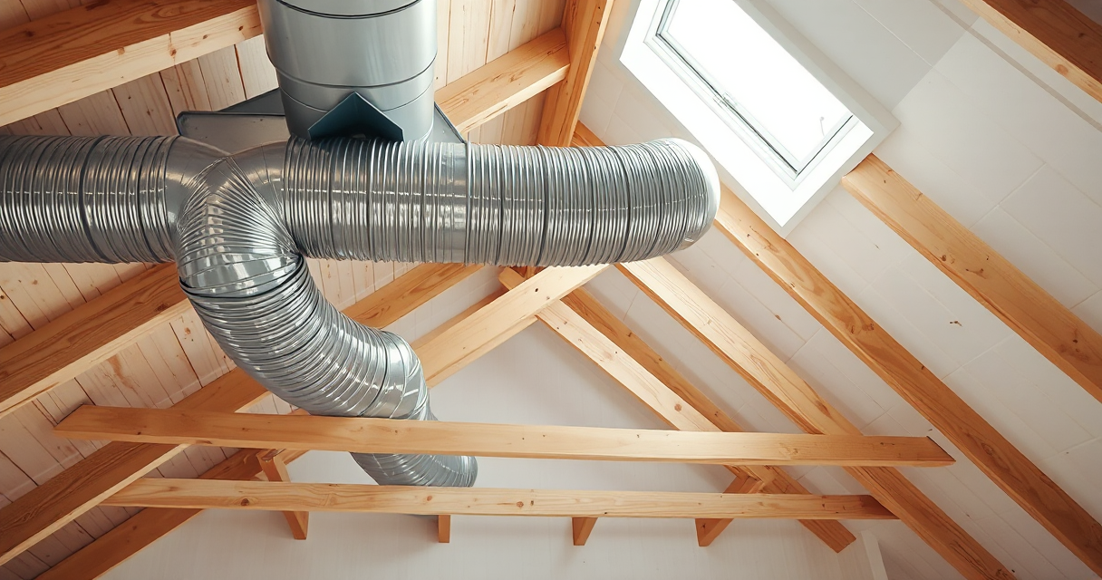 Neat insulated flexible ductwork running through a clean attic