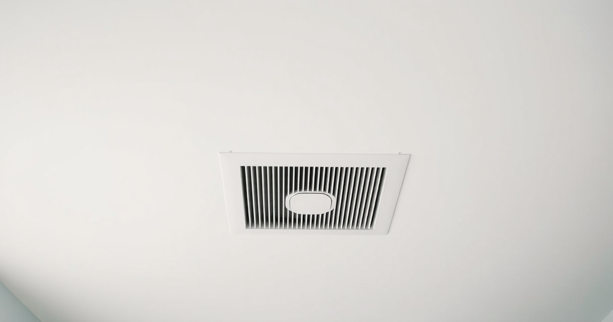 Clean white ceiling supply vent register on a ceiling