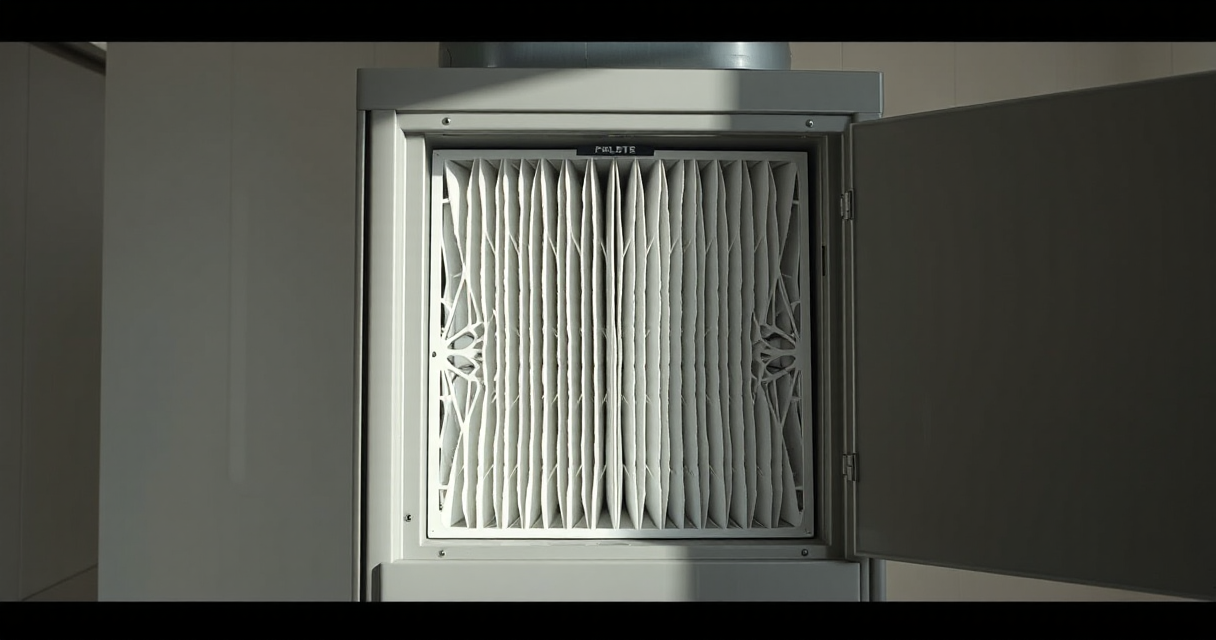 Fresh pleated furnace filter seated in a plain furnace slot