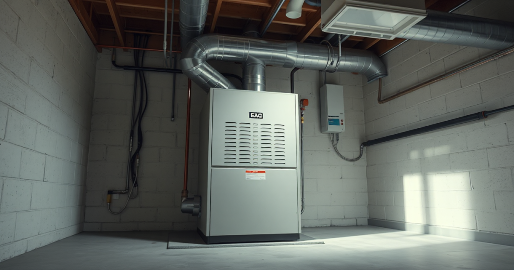 Clean gas furnace installed in a basement utility area