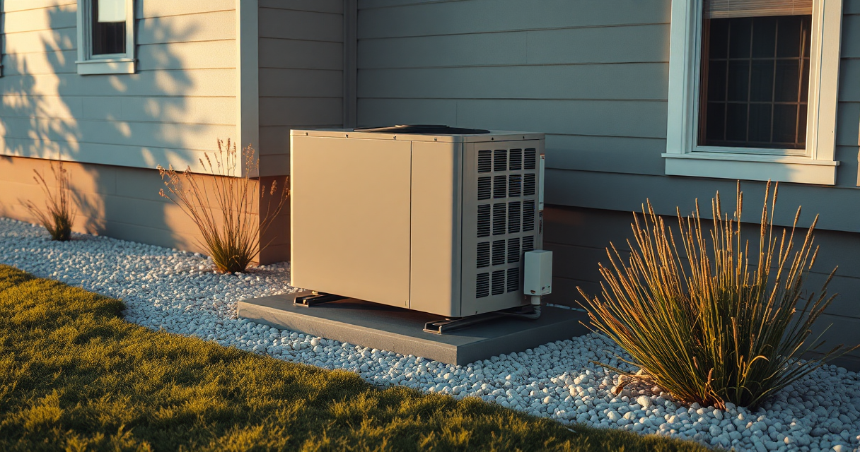 Modern heat pump unit level on a pad beside a home