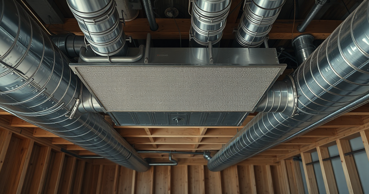 New galvanized sheet-metal ductwork along clean basement joists