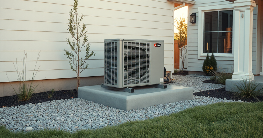 New condenser unit on a composite equipment pad outside
