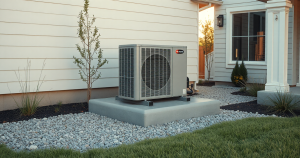 New condenser unit on a composite equipment pad outside