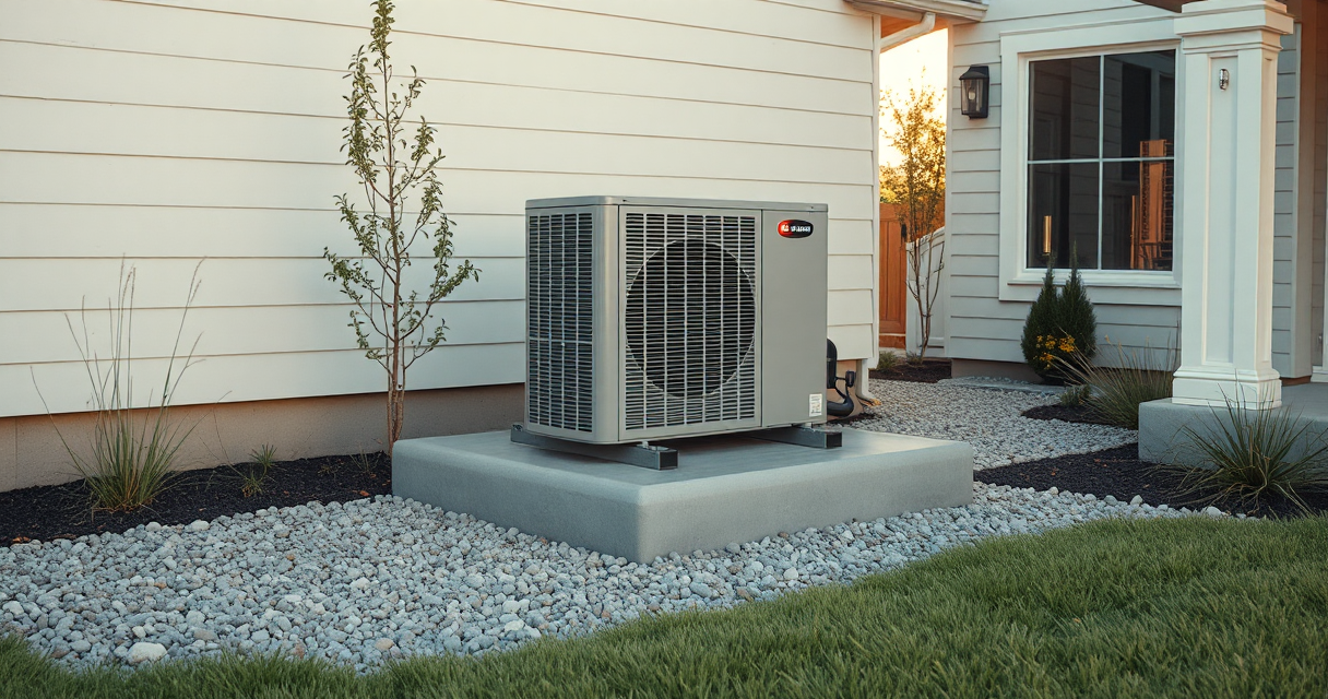 New condenser unit on a composite equipment pad outside