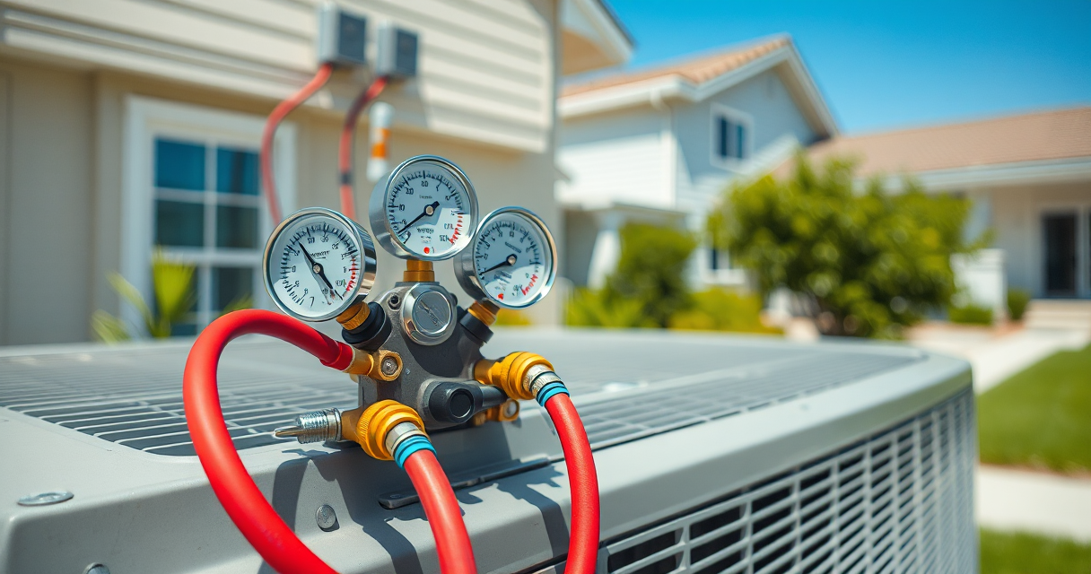 HVAC manifold gauges connected to a condenser for a tune-up