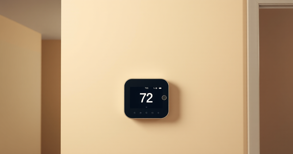 Wall thermostat showing a clean number 72 in a cozy room