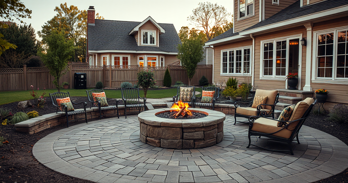 Paver patio with a stone fire pit seating area