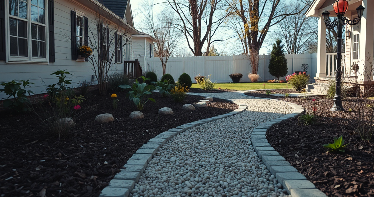 Clean gravel path with paver border in a garden