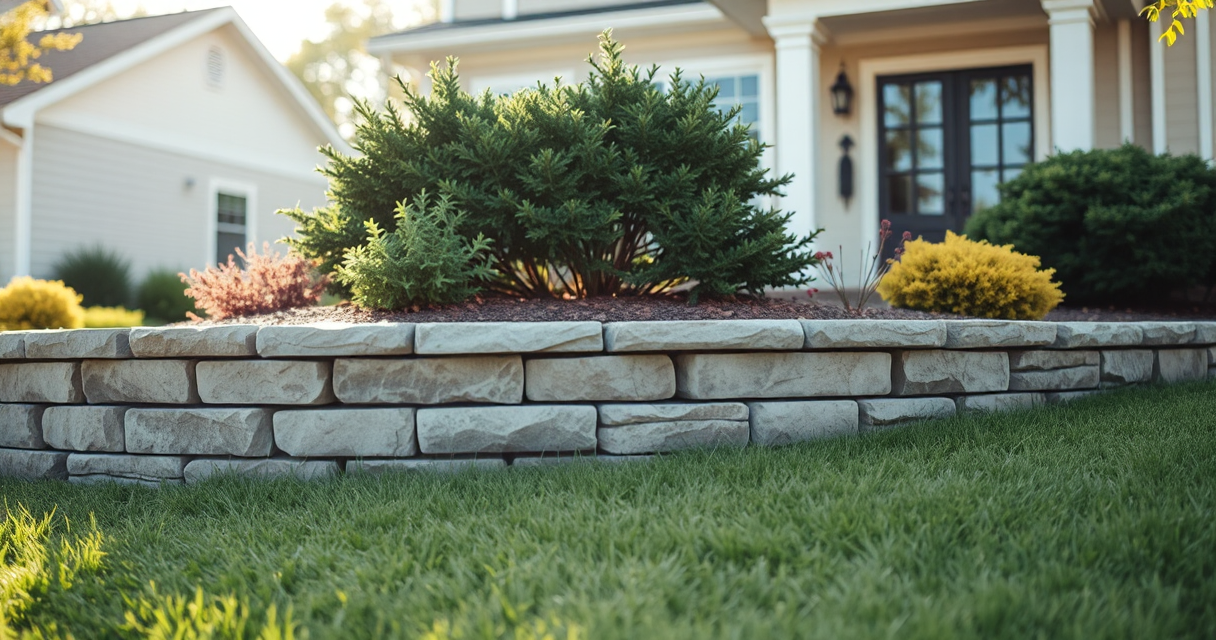 Stacked-block retaining wall in a landscaped yard