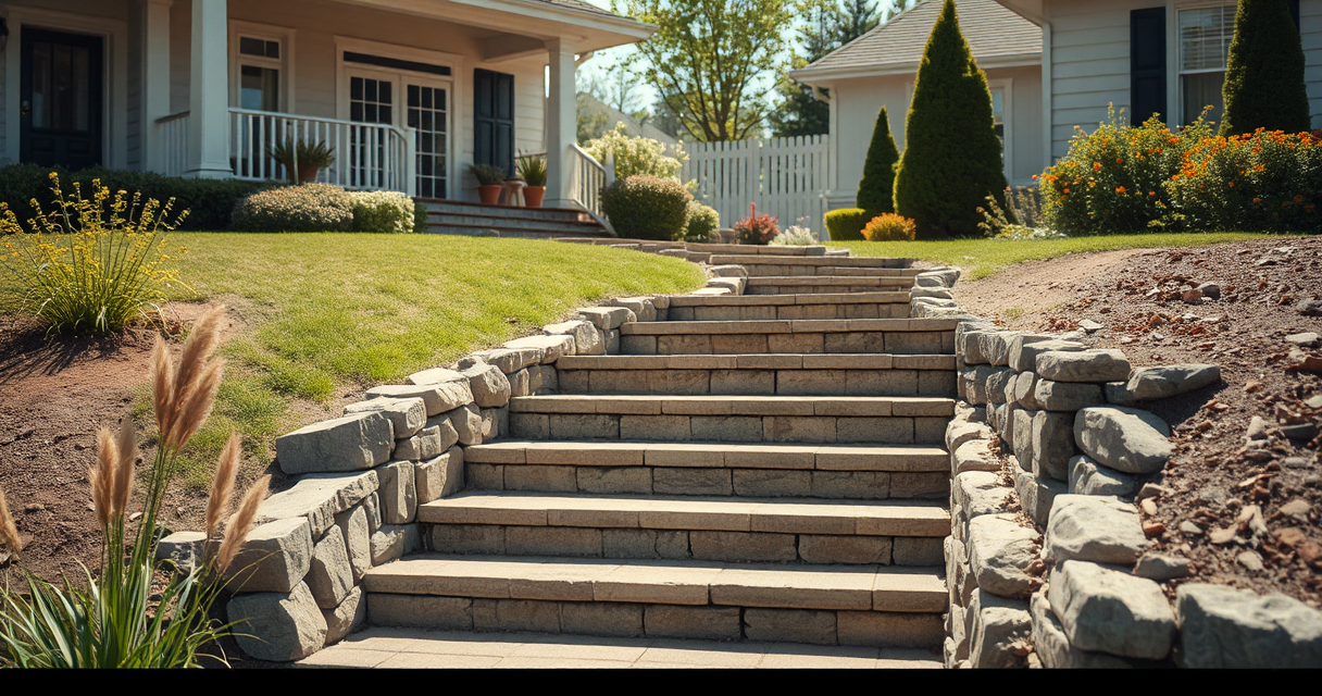 Stone paver steps built into a landscaped slope