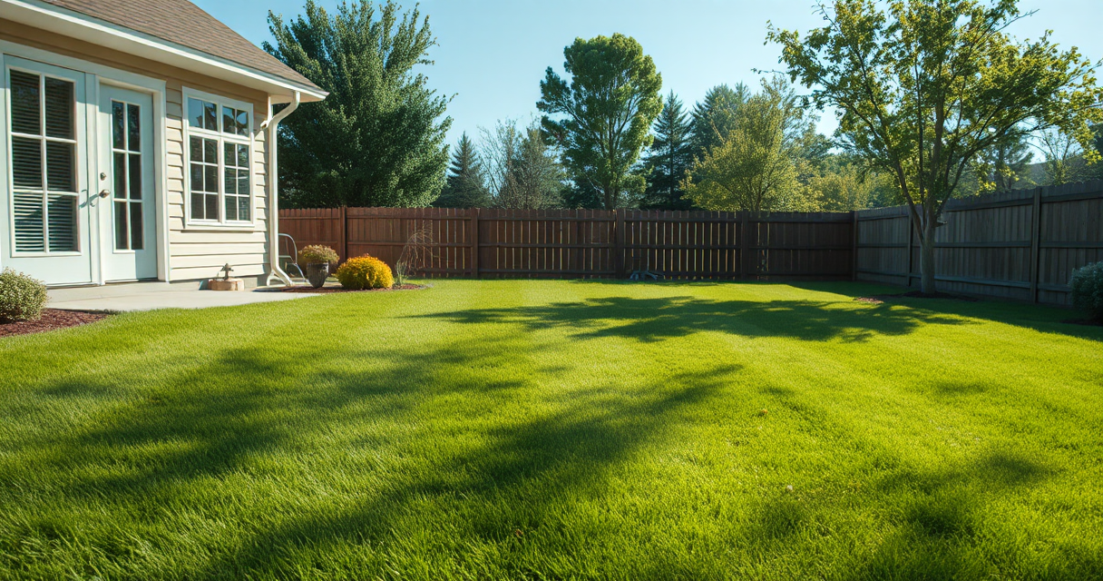 Manicured green backyard lawn with clean stripes