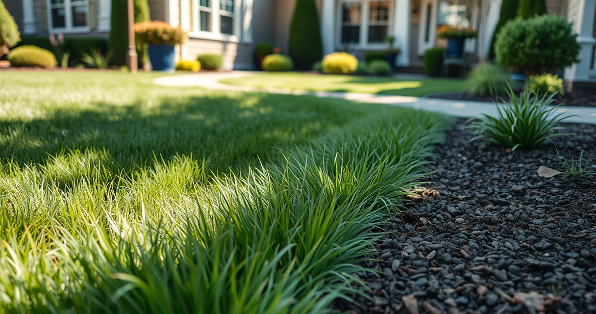Crisp clean lawn edge along a garden bed and walkway