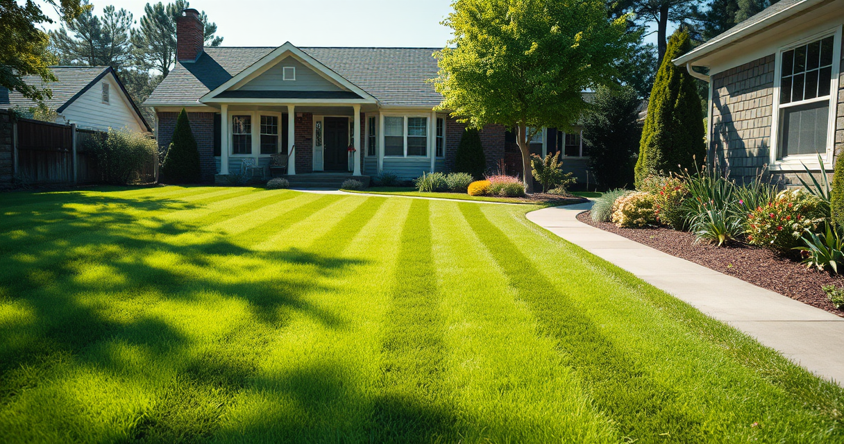 Freshly mowed green lawn with crisp mowing stripes