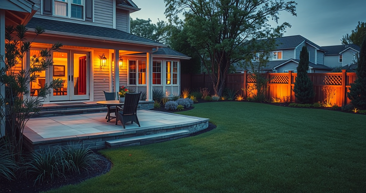 Designed backyard with patio, plantings and lawn