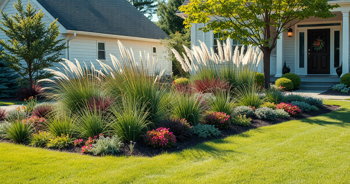 Layered landscaped garden beds with colorful plants