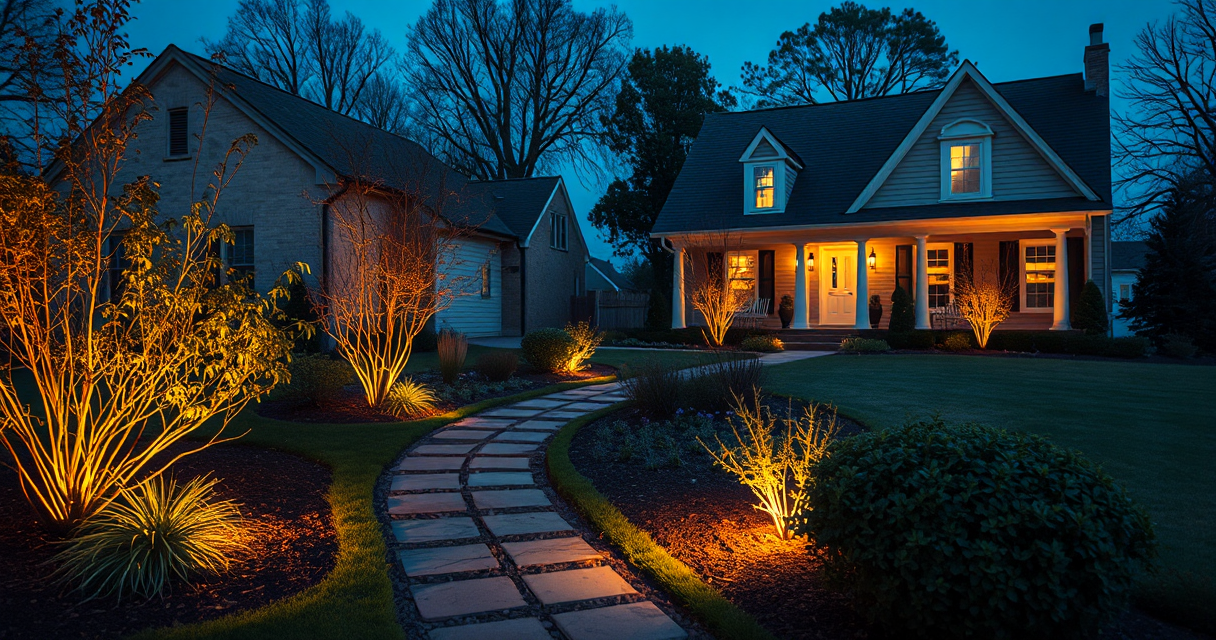 Landscape lighting glowing in a designed yard at dusk