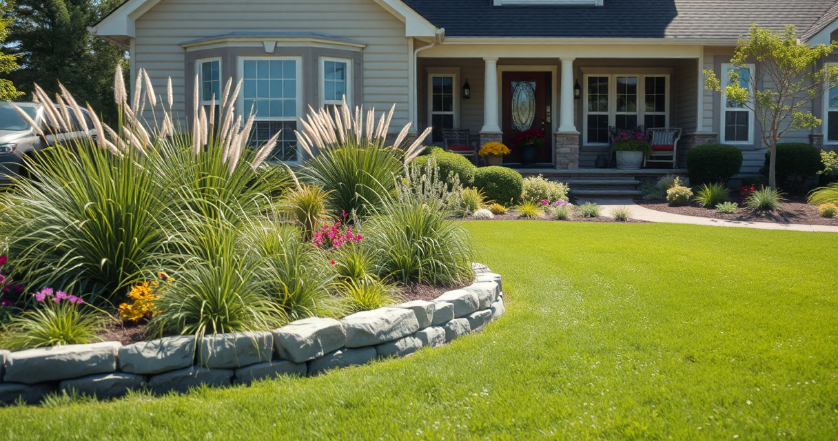 Professionally landscaped front yard with beds and stone