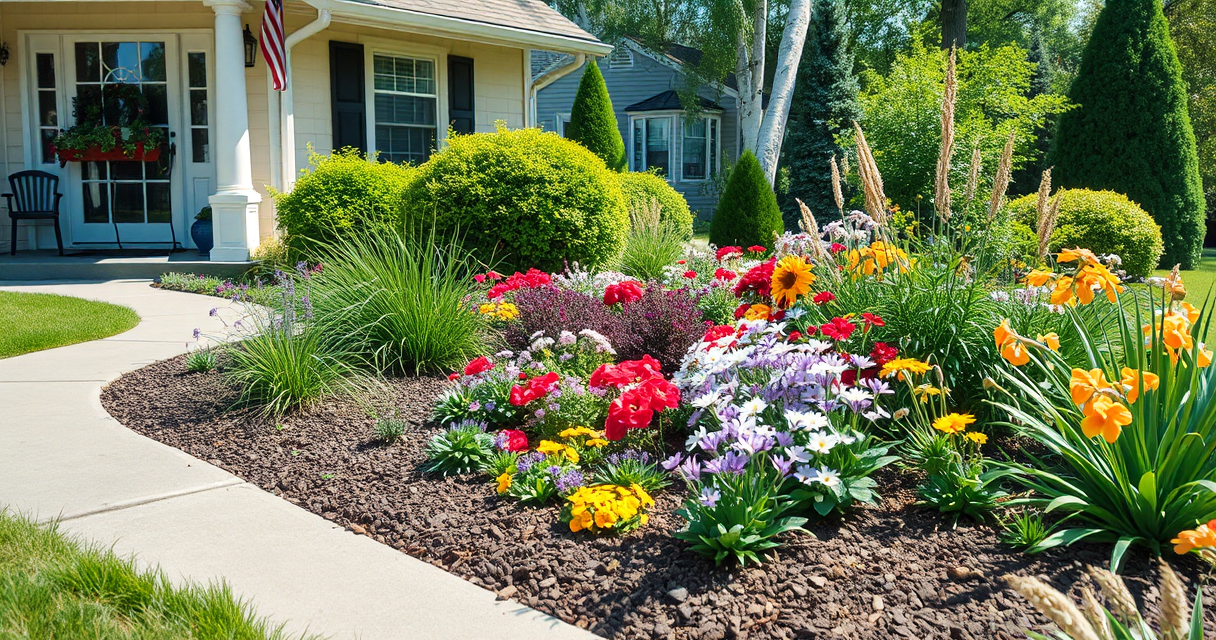 Colorful flower bed in full bloom along a walkway