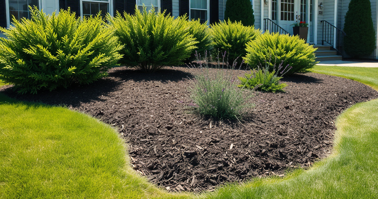 Freshly mulched garden bed with dark brown mulch
