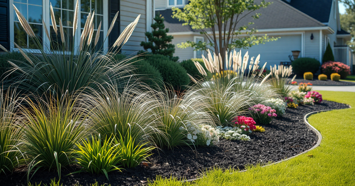 Layered perennial planting bed with ornamental grasses