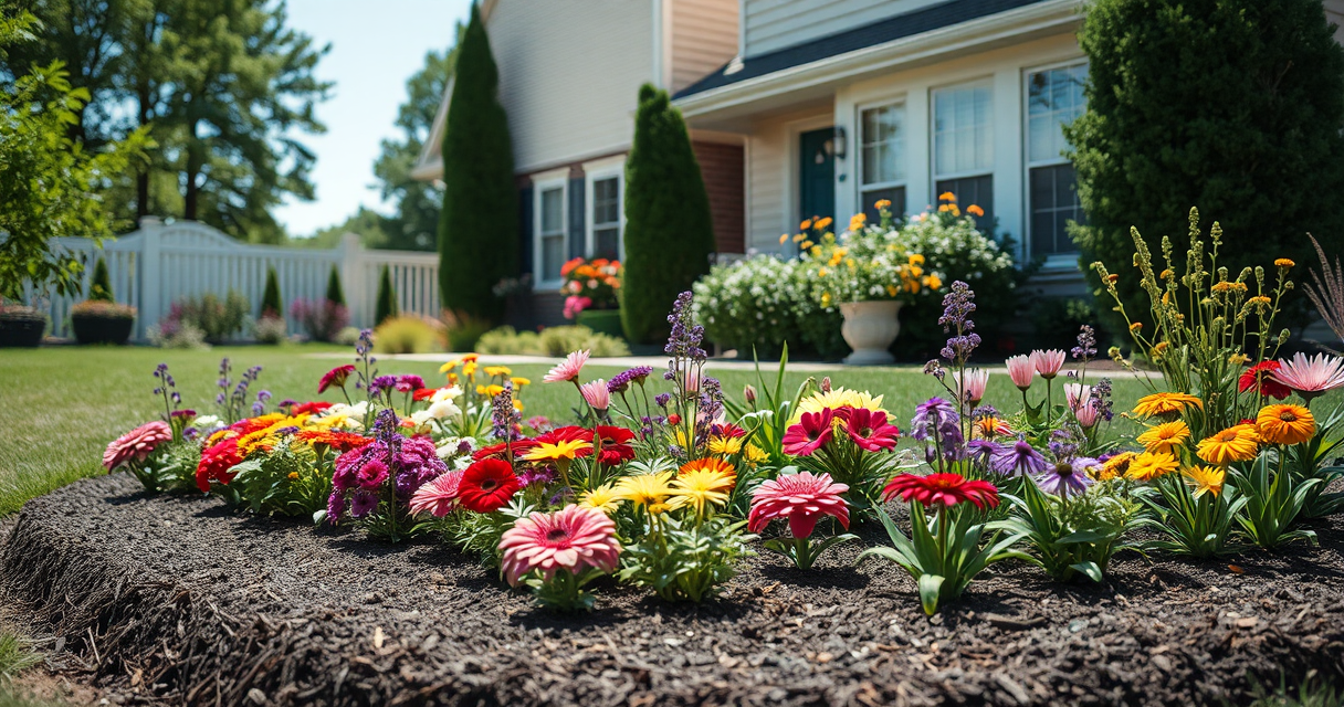 Newly planted colorful flower bed with fresh soil