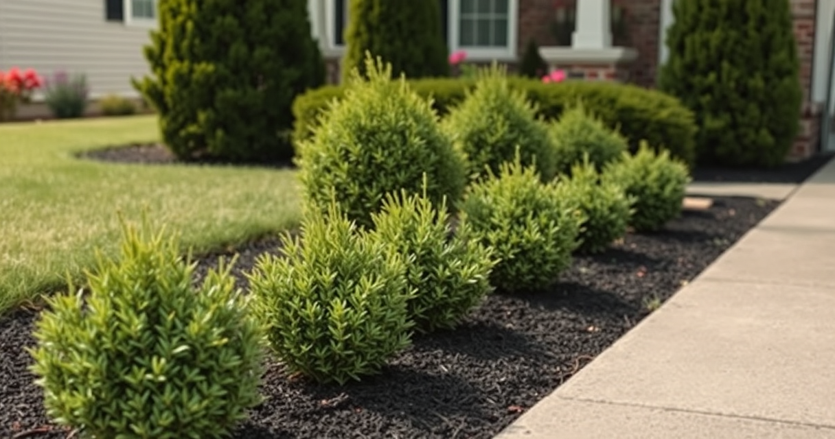 New shrubs planted in a fresh mulched foundation bed