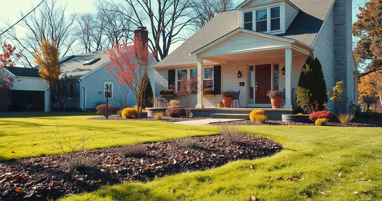 Neat fall yard with raked beds and trimmed plants