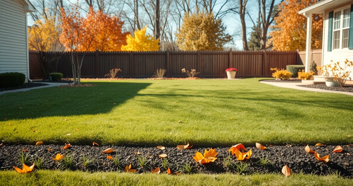 Lawn cleared of fall leaves, tidy and green