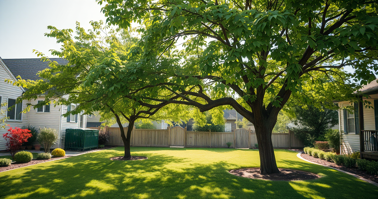 Well-maintained tree canopy over a tidy backyard