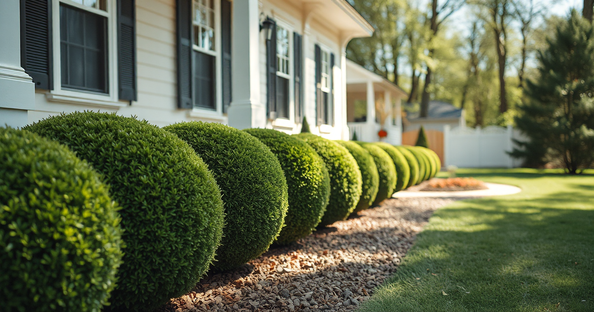 Neatly shaped round shrubs along a home foundation