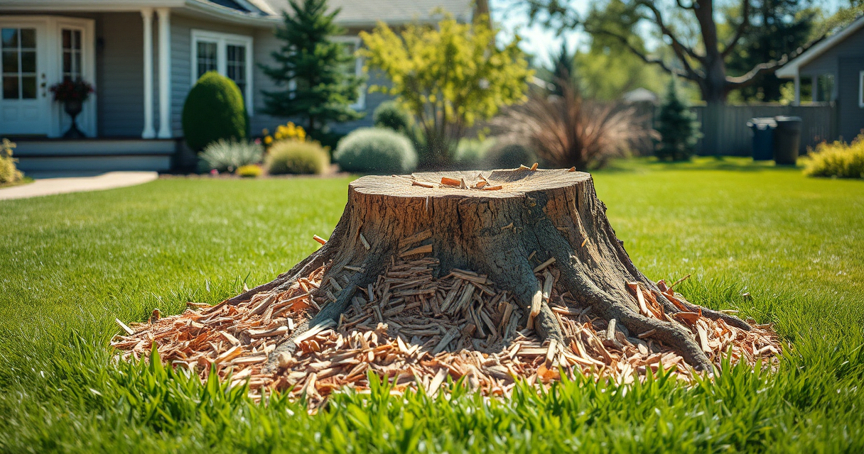 Freshly ground tree stump area with clean mulch