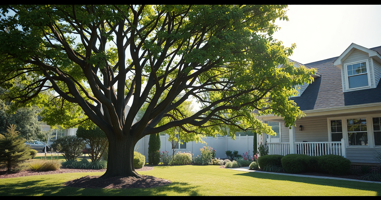 Neatly pruned shade tree in a landscaped yard