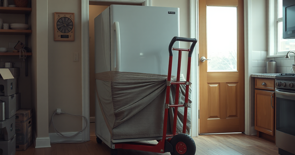 Refrigerator wrapped and strapped to an appliance dolly