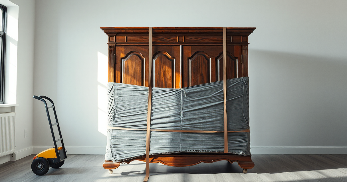 Heavy furniture wrapped and secured with straps and a dolly
