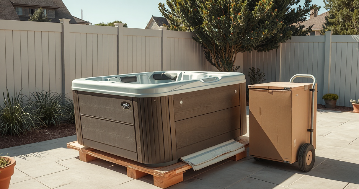 Hot tub on moving skids prepared for transport