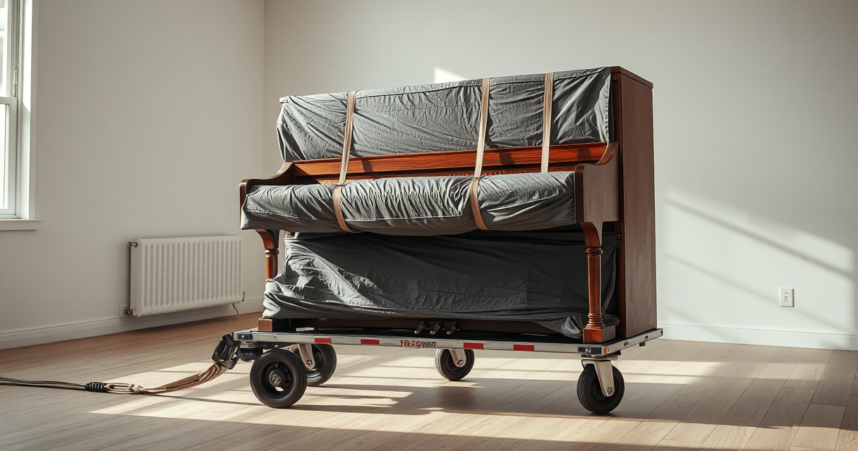 Upright piano wrapped in moving blankets on a piano dolly