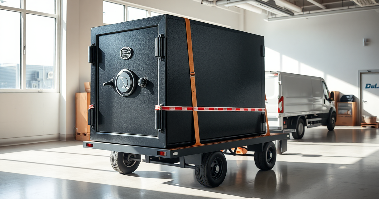 Heavy gun safe strapped to a heavy-duty dolly