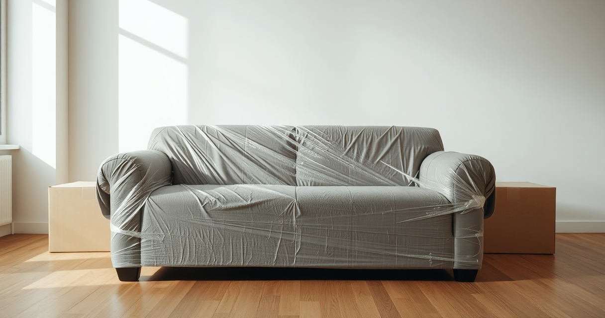 Large sofa wrapped in moving blankets ready to move