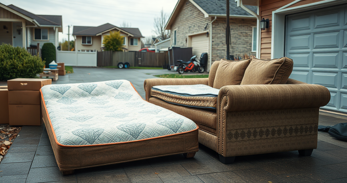 Old couch and mattress set out for furniture removal