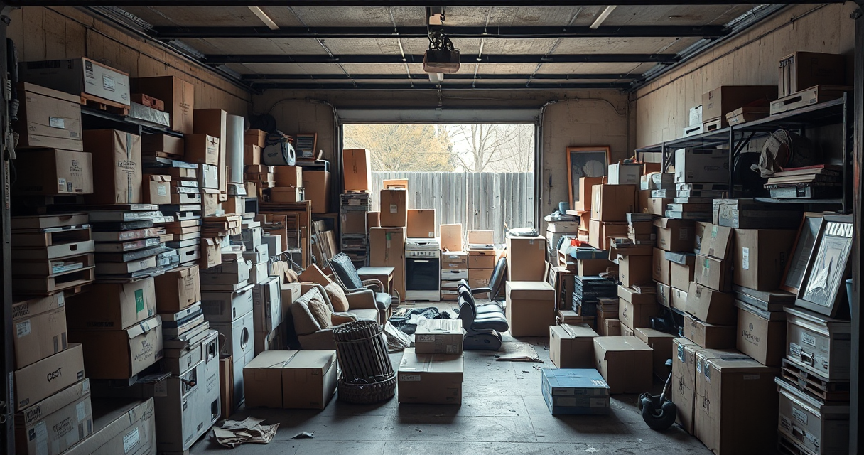 Cluttered garage before a cleanout