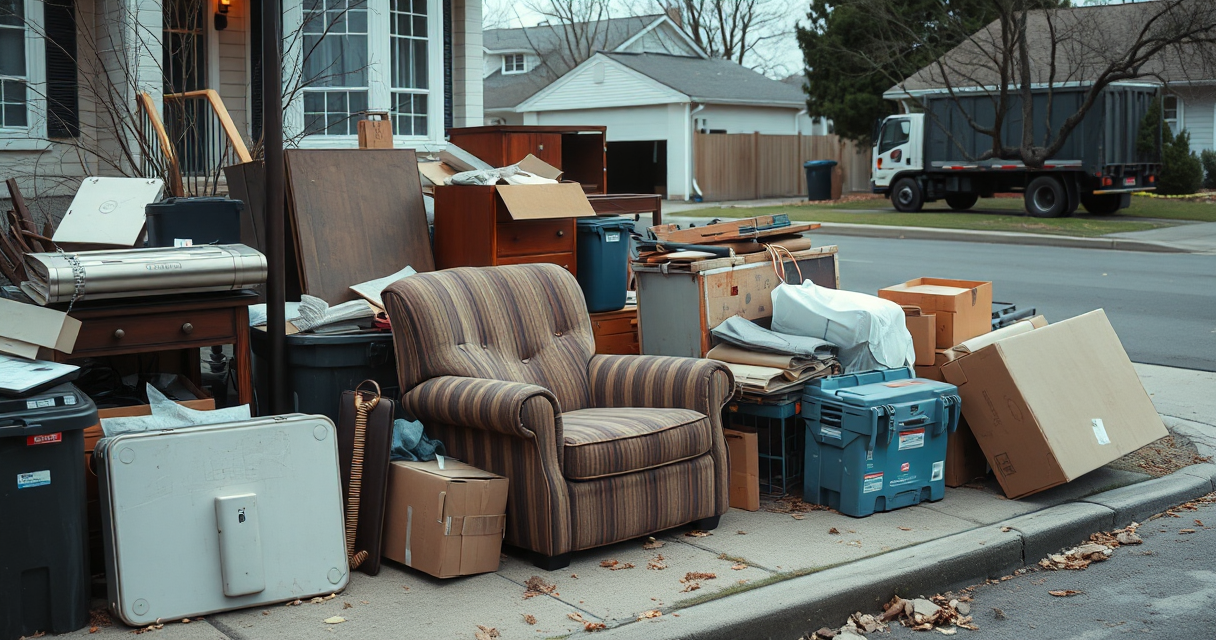 Pile of old furniture and household junk at the curb ready for hauling