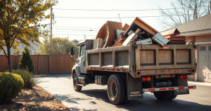 Junk-hauling truck with a loaded dump bed of debris