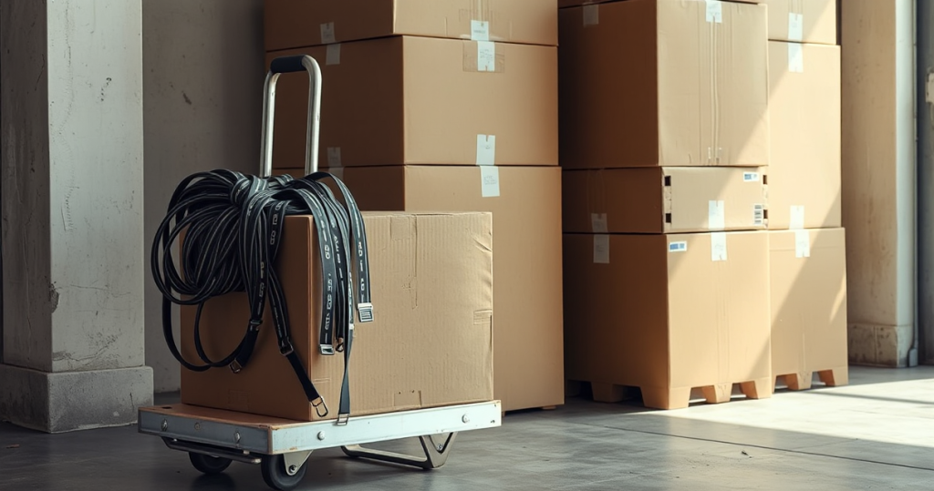 Furniture dolly and straps beside stacked boxes