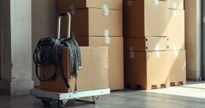 Furniture dolly and straps beside stacked boxes