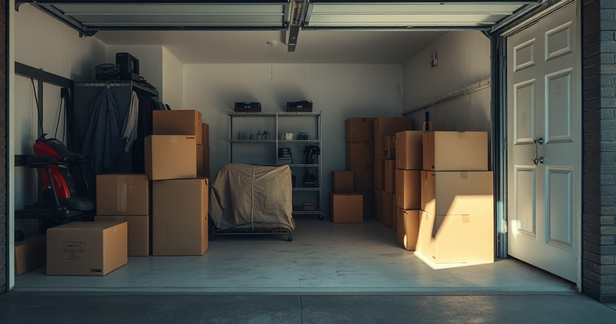 Organized garage with boxes staged for loading